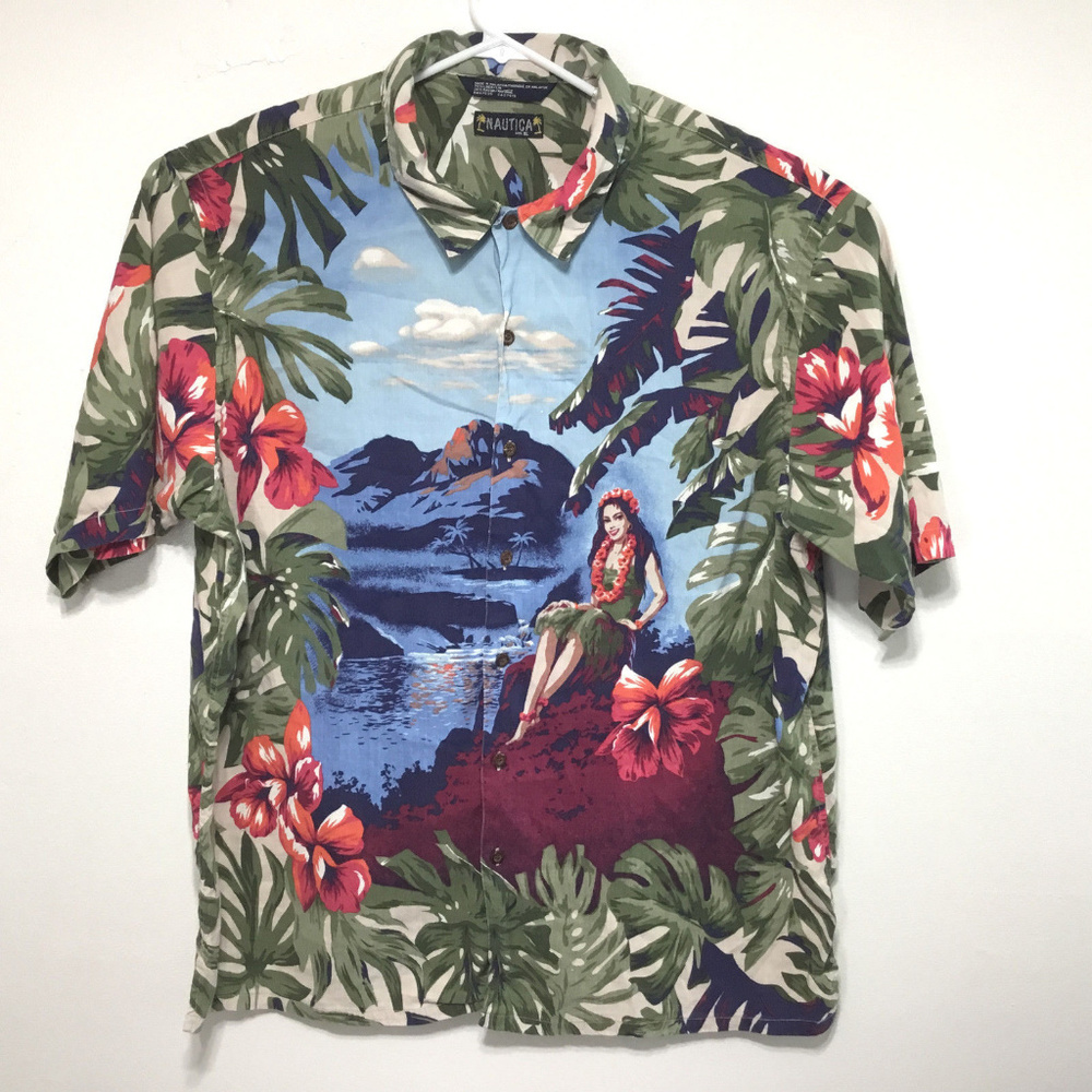 Nautica Men's Hawaiian Shirt Hula Girl Tropical